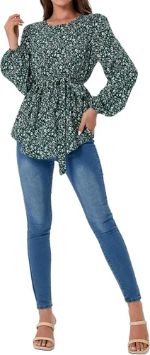 Vista 6 de MakeMeChic Camisa de maternidad floral de manga larga con cinturón para embarazo, blusa peplum