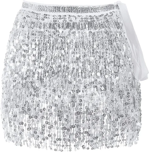 Vista 6 de 2 piezas lentejuelas borla falda vientre danza cadera bufanda rendimiento lentejuelas falda cinturones cuerpo accesorios para mujeres niñas
