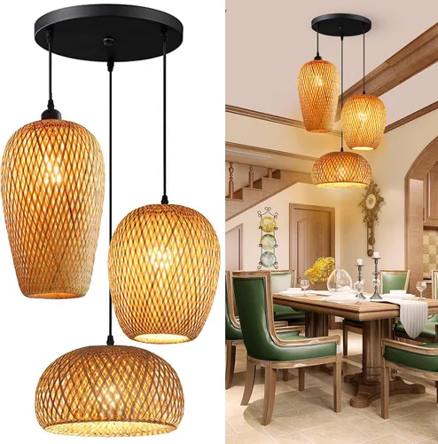Vista 6 de GCQ Luces colgantes de bambú, 3 faros delanteros E26 E27, retro, rústico, de mimbre de bambú, tejido de ratán, lámpara de araña de pantalla, lámpara