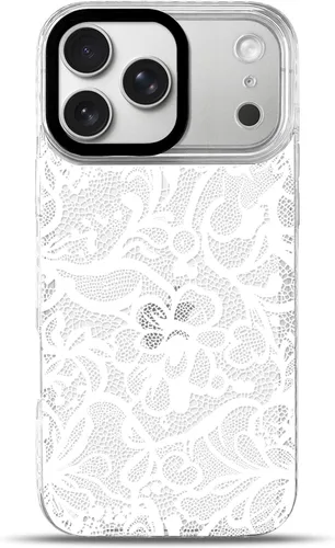 Vista 27 de NITITOP Funda para iPhone 13 Pro con flores de encaje transparente - Negro