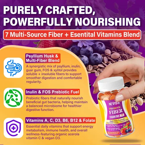 Vista 7 de 1 Paquete de Gomitas de Fibra para Adultos con Cáscara de Psyllium, 7G (Fibra Prebiótica Soluble + Insoluble) Diaria con Inulina, FOS, Goma de Guar