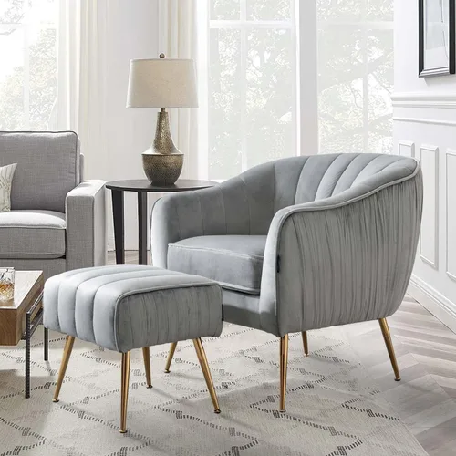 Vista 3 de Silla decorativa de terciopelo con otomana, moderna silla de barril y otomana para sala de estar y dormitorio, acabado dorado, gris