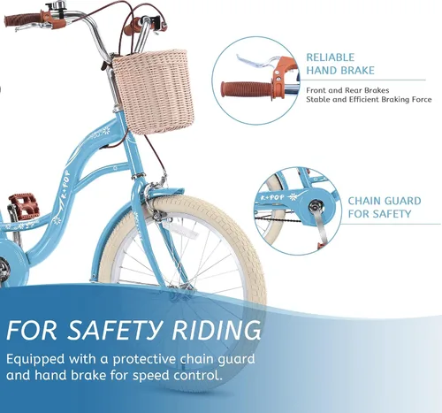 Vista 3 de 20 Inch Girls Bike Ages 8-12, 20 Inch Bike with Basket and Kickstand, Single Speed Girls Bikes Kids Bicycle with Front and Rear Brakes, Children