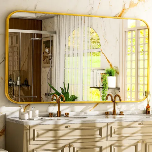 Vista 26 de Espejo de baño negro de 30"x22" - Espejo moderno para pared con esquinas redondeadas, espejos de baño para tocador, espejo enmarcado de aleación