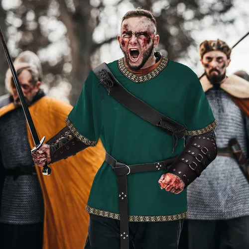 Vista 5 de 6 piezas de Halloween para hombre, accesorios medievales para disfraz, túnica vikinga, camisa renacentista, caballero de cuero sintético, brazaletes