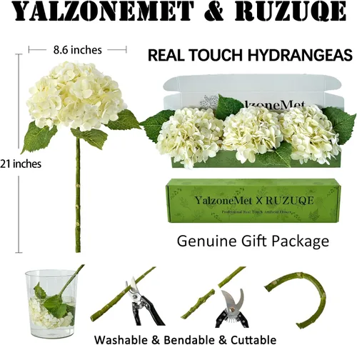 Vista 5 de YalzoneMet 3 unidades de flores artificiales de hortensia color beige cremoso de 21 pulgadas con textura real, flores de látex sintético