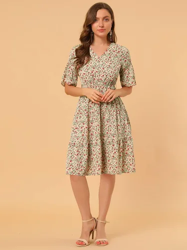 Vista 3 de Allegra K Vestido floral con dobladillo escalonado y volantes para mujer, cintura con lazo y cuello en V, manga acampanada, M