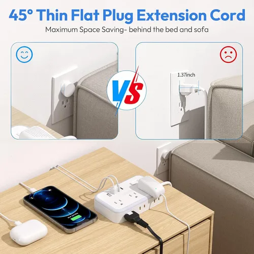 Vista 3 de NTONPOWER - Tira de alimentación con 6 salidas 4 estación de carga USB (2 puerto USB C), cable de extensión de enchufe plano de 5 pies, extensor