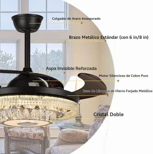 Vista 5 de Ventiladores de techo modernos de cristal de 42 pulgadas con luces 7 colores regulables/Bluetooth/rotación bidireccional - Negro 3