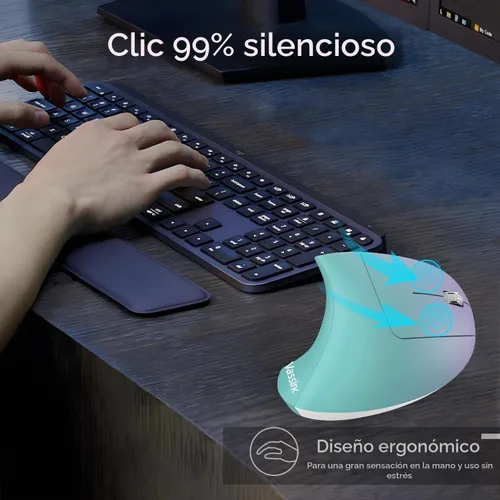 Vista 7 de Vassink Ratón ergonómico inalámbrico recargable, conexión USB A+Type C (2en1), 800/1200/1600 DPI, 6 botones, 2.4GHz, ratón vertical para túnel