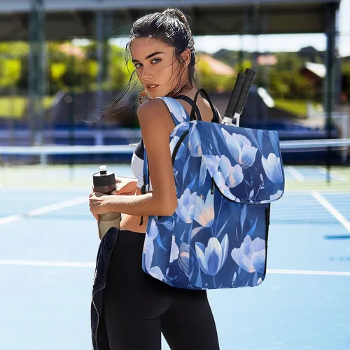 Vista 7 de Unisex Tennis Bag Large Storage Tulipa Flowers Royal Blue Gym Sport Travel Bag for Women Men para raqueta