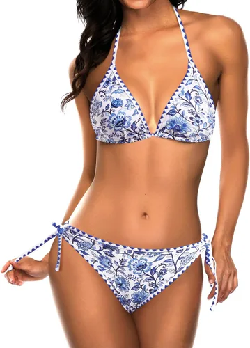 Vista 9 de Tempt Me - Conjunto de bikini triangular para mujer, traje de baño sexy de dos piezas, traje de baño con cintas laterales Azul verde