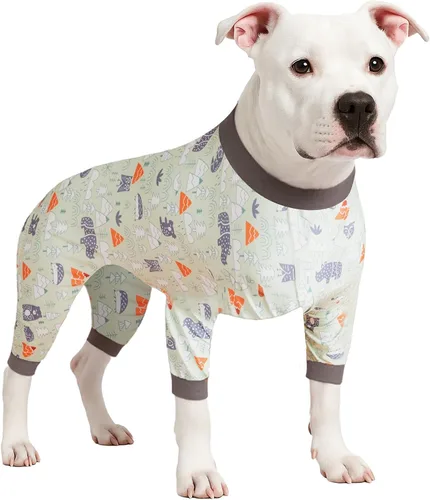 Vista 22 de LovinPet Mono grande para perros, camisas elásticas de algodón con estampado de animales, ropa completa para perros perfecta para evitar que lamen