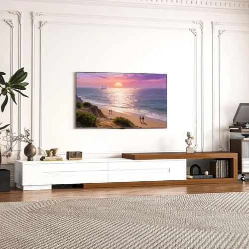 Vista 11 de Soporte de TV extensible con chimenea eléctrica de 71 a 116 pulgadas, moderno centro de entretenimiento con luces LED y toma de corriente para TV