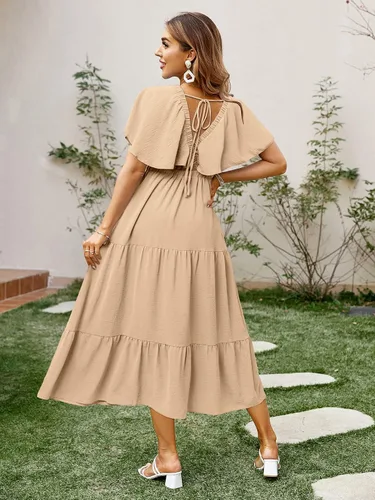 Vista 4 de Amegoya - Vestido largo casual de manga corta con cuello en V para mujer, diseño floral, estilo bohemio, para la playa, sesión de fotos, con volantes
