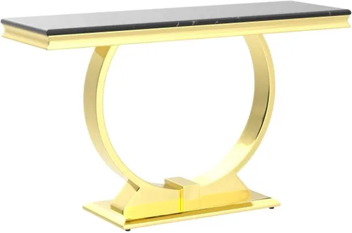 Vista 4 de ACEDÉCOR Mesa consola dorada, mesa de entrada de mármol sintético negro de lujo de 50 pulgadas con base de acero inoxidable en forma de U dorada