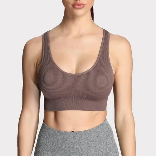 Vista 5 de Aoxjox Sujetador deportivo acanalado sin costuras para mujer, para entrenamiento, correr, yoga, camiseta sin mangas