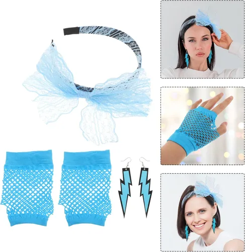Vista 2 de LOGOFUN Diadema de encaje retro para fiesta, aretes de neón de los años 80, guantes de red de los años 80, accesorios de fotos con temática