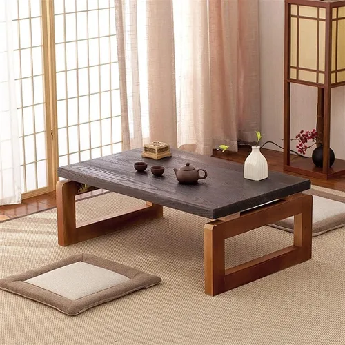 Vista 3 de Mesa de Centro Mesa de centro moderna de madera estilo japonés, mesa de té de madera maciza simple, ventana de bahía, tatami, pequeña mesa baja