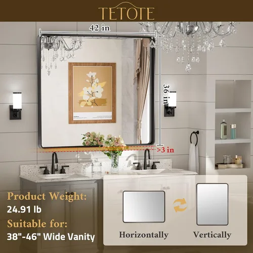 Vista 89 de TETOTE Espejo de marco dorado cepillado de 16 x 24 pulgadas, espejo de tocador de baño de latón dorado para pared, espejo enmarcado rectangular