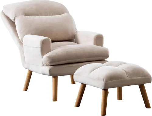 Vista 8 de IOMOR Silla Accent con otomano, silla de lectura cómoda, sillón con respaldo ajustable y bolsillos laterales, sofá de tela suave de ocio para Beige