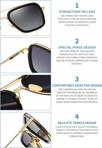 Vista 3 de Dollger Tony Stark - Lentes transparentes sin prescripción clásicas con marco de metal para hombres y mujeres Marco negro y doradolente transparente