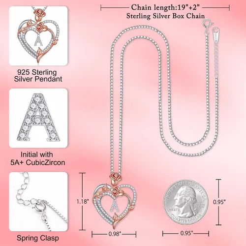 Vista 5 de Iefil Collar de corazón rosa para mujer, plata de ley 925, collar con letra inicial de corazón rosa para mujer, joyería para el día de San Valentín