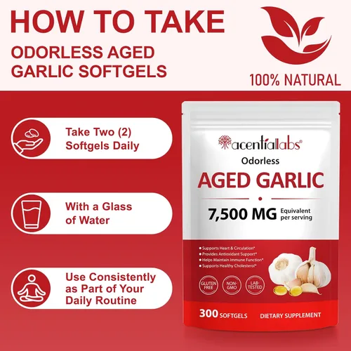 Vista 7 de Cápsulas de extracto de ajo envejecido, 7500 mg de suplementos de ajo inodoros que apoyan la salud inmunológica y la función cardíaca, 2 años