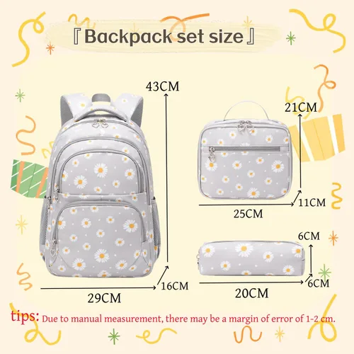 Vista 2 de 3 piezas de mochila con estampado de margaritas para niños, mochila de escuela primaria, mochila para estudiantes de primaria, mochila para Negro