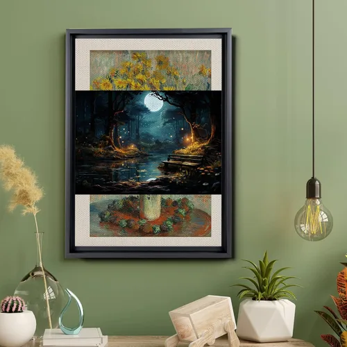 Vista 5 de Snow covered park at midnight with a full moon, watercolor nature art, framed canvas print, framed wall art