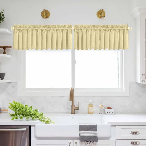 Vista 2 de Cenefa Beige Oscurecedora para Ventana, Cortina Corta con Bolsillo para Barra, Cenefa Primitiva para Sala de Estar, Baño, Guardería, Cocina, Ventana