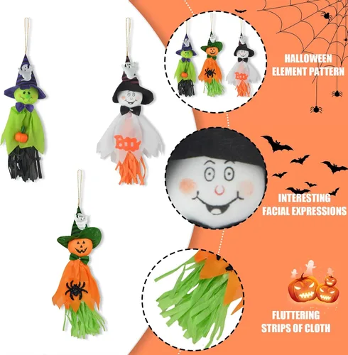 Vista 4 de Decoraciones colgantes de fantasma de Halloween, 3 piezas de lindo colgante de paja de fantasma volador, adornos colgantes de Halloween para patio