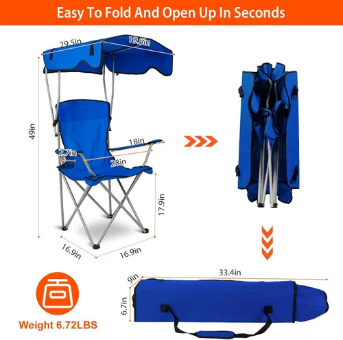 Vista 3 de Silla plegable con toldo de playa, sillas de campamento con sombra, protección solar resistente, silla de césped con soporte para tazas