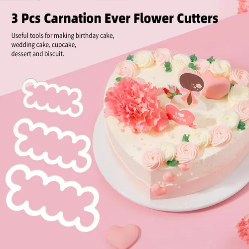 Vista 4 de KALAIEN 3 piezas El clavel más fácil de todos los tiempos cortador de pastel de flores galletas Sugarcraft Fondant decoración émbolo cortador molde