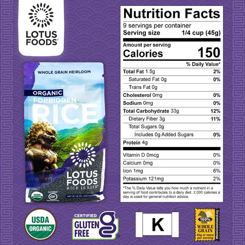Vista 2 de Lotus Foods Organic Forbidden Rice - Arroz Negro Orgánico, Arroz Morado, Arroz Negro a Granel, Arroz Reliquia Sin Gluten, Grano Entero, Sin OGM
