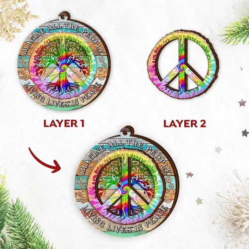 Vista 3 de Adornos de Navidad hippie 2025 – Adorno de madera con signo de paz, regalos retro bohemios, regalos hippie para mujeres y hombres, decoración