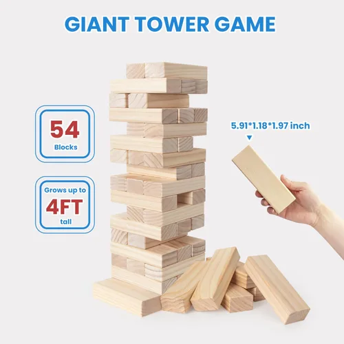 Vista 2 de PetGirl Torre gigante de caída de 54 piezas, juego de apilamiento de madera jumbo de más de 4 pies para niños y adultos, juego de pino de primera