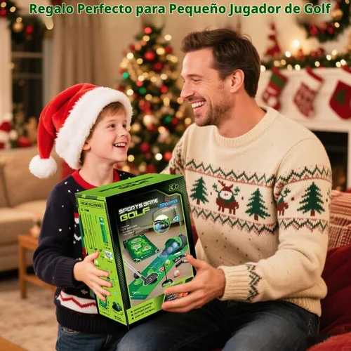 Vista 8 de TERRAMUS Juego de golf 3 en 1 para niños con devuelvedor automático de dinosaurio, tablero de Cornhole de golf, bolas con luz LED, alfombra de putt