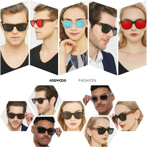 Vista 2 de ANDWOOD Gafas de sol de madera polarizadas para hombres y mujeres, protección UV, marco de bambú de madera, gafas de sol espejadas
