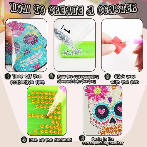 Vista 5 de TAVOLOZZA 9 posavasos de pintura de diamante, juego de posavasos de arte de diamante, posavasos de pintura de diamante para principiantes y niños