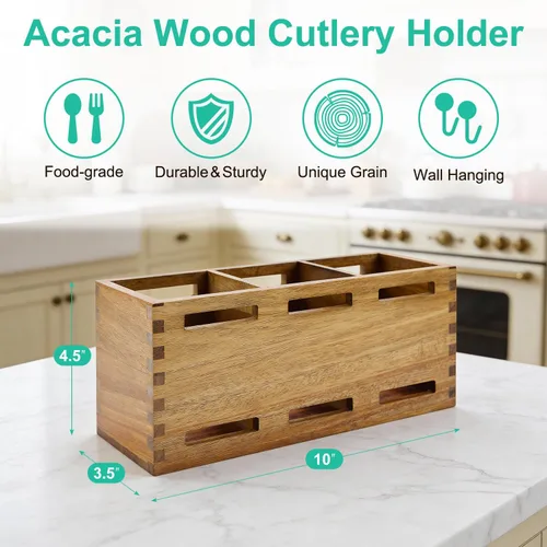 Vista 4 de Organizador de cubiertos de madera de granja, organizador de utensilios de madera de acacia, organizador para cocina, fiesta, tenedor, cuchara