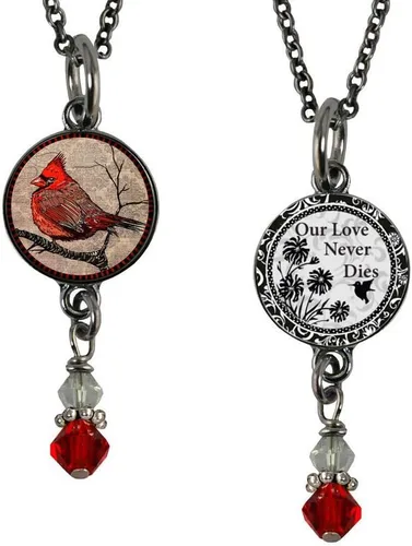 Vista 2 de Lola Bella Gifts and Spirit Lala - Collar cardenal reversible con almas de plumas rojas con parte trasera Love Never Dies y tarjeta de poema, caja