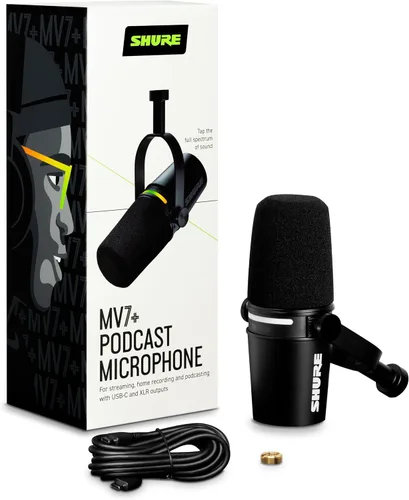 Vista 2 de Shure MV7+ - Micrófono dinámico para podcasts, certificado OBS, audio mejorado, panel LED, salidas USB-C y XLR, modo de nivel automático, filtro