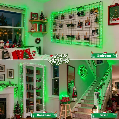 Vista 8 de JMEXSUSS Paquete de 2 Luces de Hadas Verdes a Batería, Total 200 LED 66 pies Luces de Cadena Parpadeantes con Control Remoto, 8 Modos de Luces