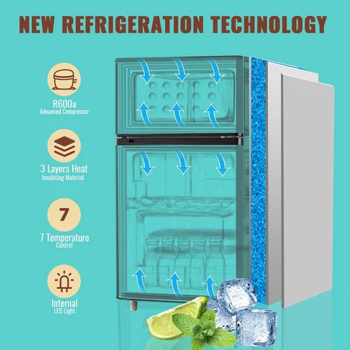Vista 4 de WANAI Refrigerador pequeño con congelador de 3.5 pies cúbicos, mini refrigerador con congelador en la parte superior, doble puerta, pequeño Negro