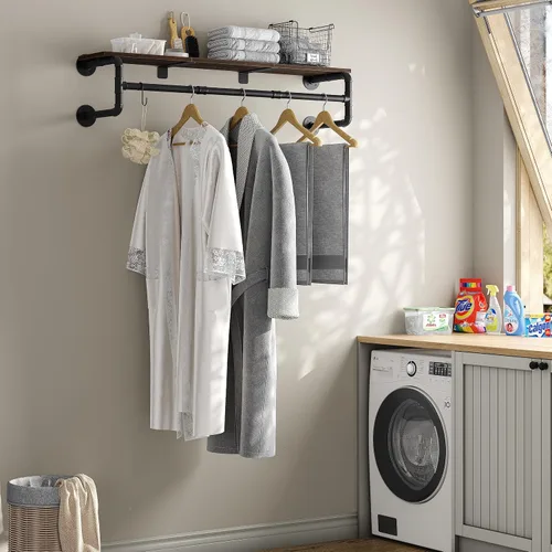 Vista 10 de Perchero industrial de tubería con 3 ganchos en forma de S, perchero de pared de 36 pulgadas de largo, barra de ropa de hierro resistente, barra