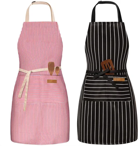 Vista 10 de Paquete de 2 delantales ajustables con peto, delantales de chef para cocina, restaurante, con 2 bolsillos, delantales para mujeres y hombres