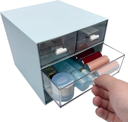 Vista 6 de Marknor Organizador de maquillaje, organizador de escritorio con 4 cajones, almacenamiento de artículos diversos, caja de almacenamiento de Azul