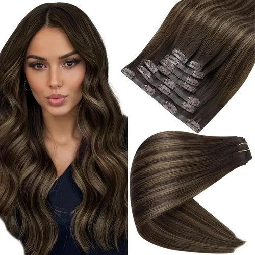 Vista 43 de Full Shine Extensiones de Cabello Rubio con Clip Reflejos Cabello Humano Extensiones con Clip Rubio Ceniza Mezcla Rubio Decolorado PU Extensiones