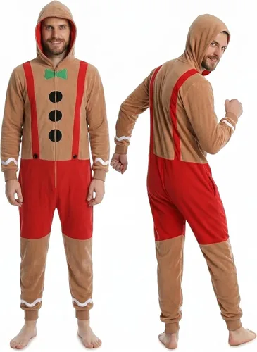 Vista 9 de SLEEPHERO Mono de forro polar para hombre, traje de unión con cremallera completa y capucha, pijama suave de una pieza para adultos Reno divertido